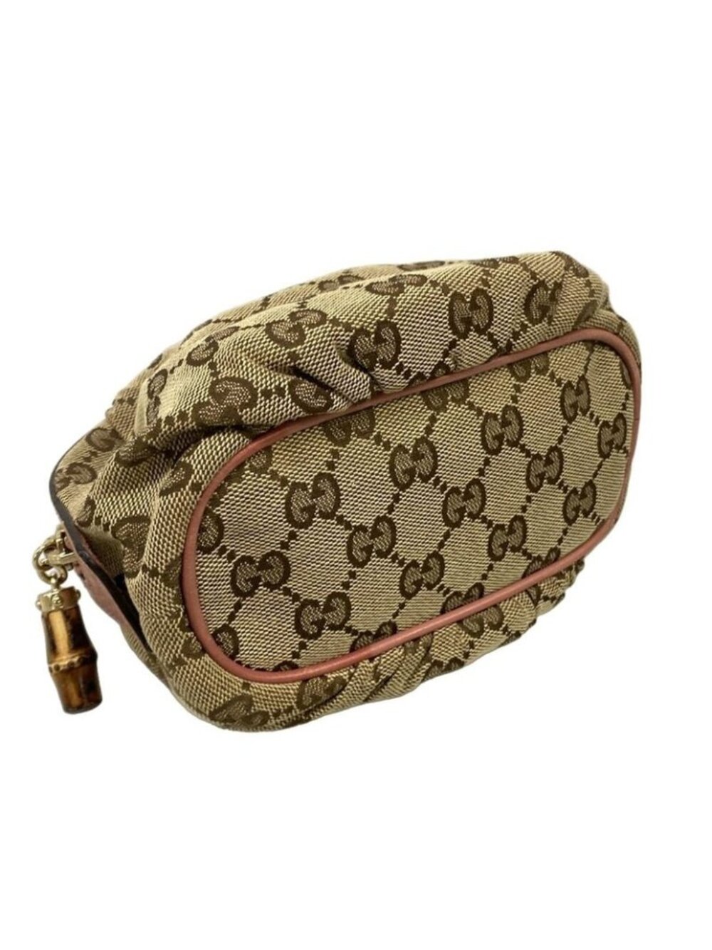 Gucci Pouch GG Pattern Bamboo Beige Pink Dark Brown Leather - Picture 3 of 7